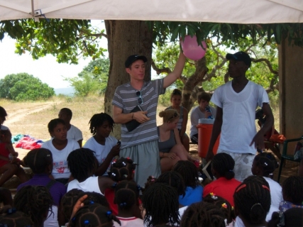 Erik doing an object lesson for Bible Camp