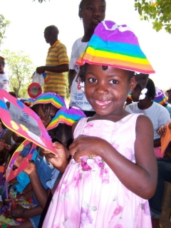 Bucket hats were donated to hand out as gifts
